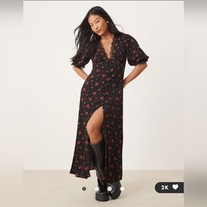 NWOT Miss Selfridge Lace Trim Button Through Maxi Size 10 in Black Rose Print